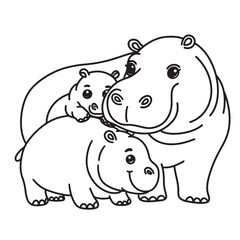 Line art of hippo family, mother hippo and her babies stay together cartoon vector