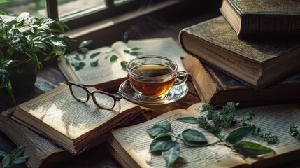 Teacup, glasses, and old books on a wooden table by a window.