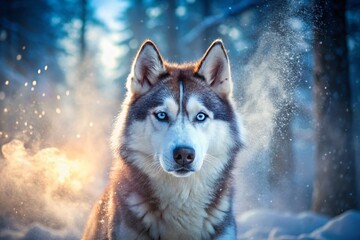 Naklejka premium Majestic Husky Dog in Snowy Winter Wonderland, Breath, Blue Eyes, Slow Motion