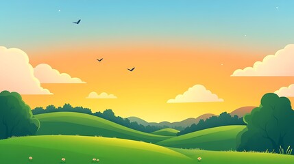 Obraz premium Serene Sunset Over Rolling Green Hills and Birds