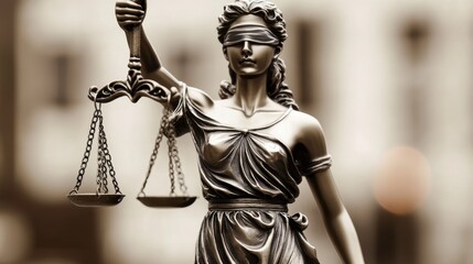 Lady Justice statue,blindfolded holding scales, law's impartial judgment