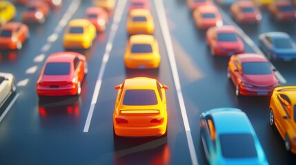 Orange Car Back View in Traffic Jam of Colorful Cars on Highway