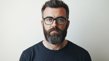 Serious Man Portrait With Glasses Studio, Thoughtful Stare