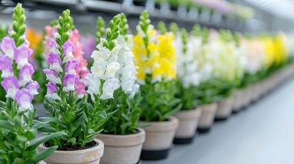 Naklejka premium Colorful snapdragon flowers in pots arranged in a row inside a commercial greenhouse nursery.