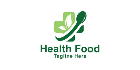 logo design combination of spoon and plus, logo for healthy food, nature, herbal, organic, eco, symbol, icon, idea, creative.