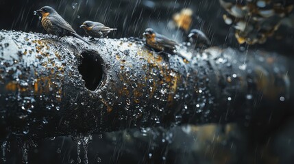 Fototapeta premium Captivating Scene of Birds on a Wet Pipe During a Rainy Day