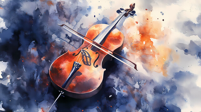 A watercolor of a cello solo, capturing emotion and sound, classic, watercolor, deep colors, expressive. Celestial Firefly Swarm. Illustration