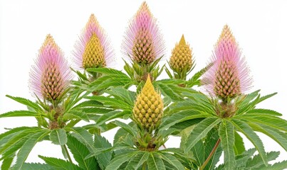 Fototapeta premium Vibrant cluster of flowering plants with pink and yellow blooms against a white background