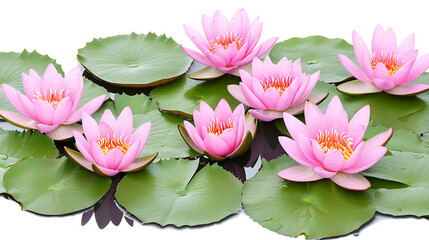 Serene Water Lilies Floating in a Calm Pond Displaying Their Pink Petals and Vibrant Yellow Centers.