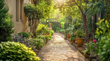 Obraz premium Sunlit Pathway Through Charming Garden Courtyard in Tranquil Setting