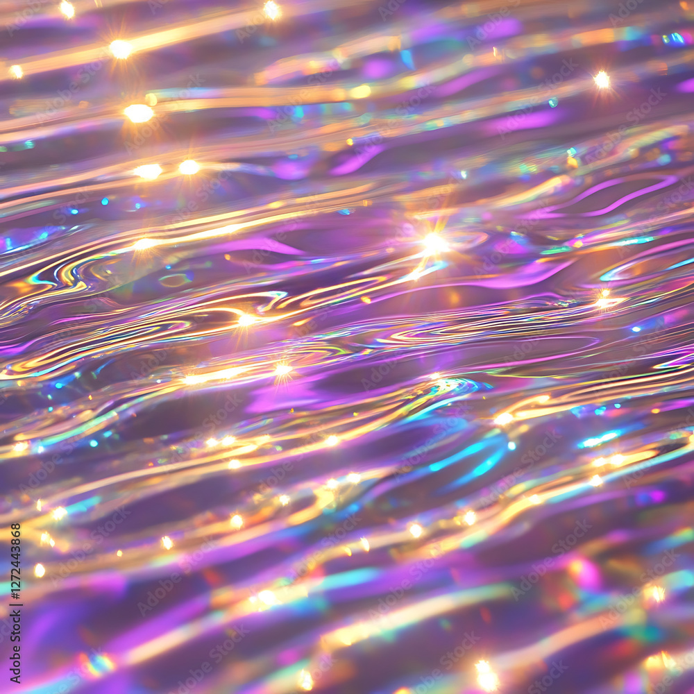 Aufkleber shimmering iridescent surface waves with golden reflections texture abstract design background.