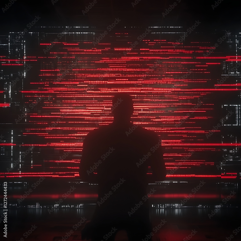 Aufkleber silhouette figure standing before a digital matrix wall of data and red lines futuristic look.