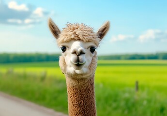 Obraz premium Cute Alpaca Standing Outdoors with Green Fields and Blue Sky