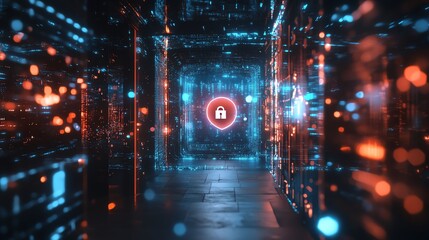 Obraz premium Digital Security Environment With Glowing Lock Symbol and Vibrant Data Flow at Night