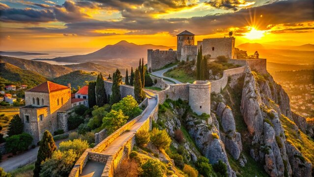 Majestic Klis Fortress: Croatian Medieval Ruins at Sunset - Stock Photo
