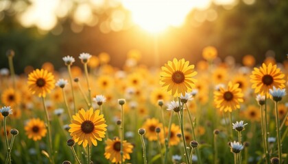 Obraz premium Yellow daisies blooming in a sunlit meadow during golden hour