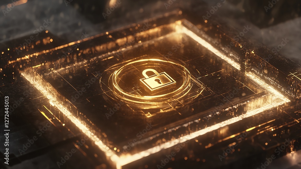 Poster intricate digital lock symbol in glowing circuitry design representing advanced security technology