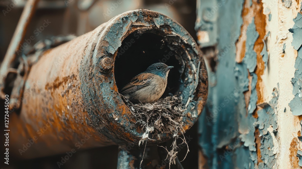Poster Charming Small Bird Nesting Inside Rusty Pipe in Urban Scene