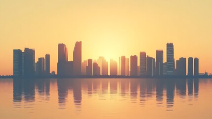 Obraz premium City Skyline Sunset Reflection Water Golden Hour
