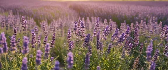 Obraz premium Field of lavender flowers with delicate purple petals and green stems amidst a warm sunlight backdrop, nature landscape, sunny day, purple flowers