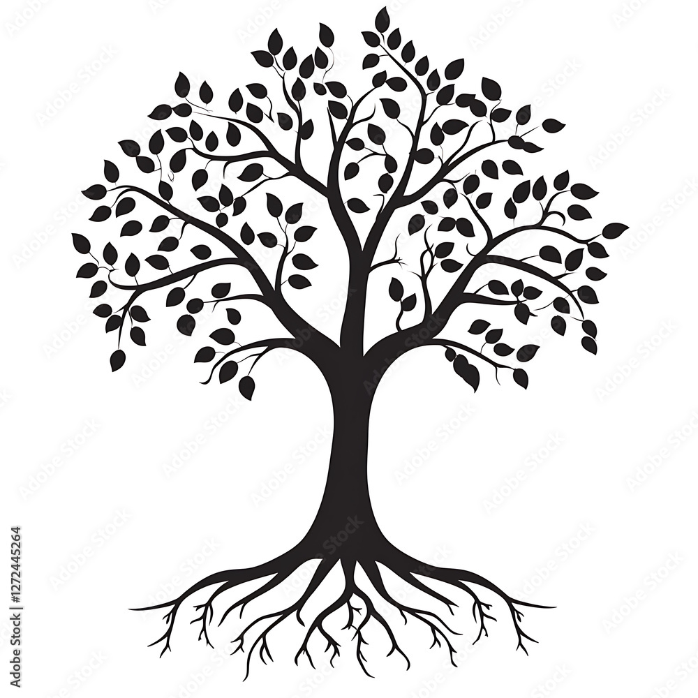 Poster silhouette of a tree with branches and roots symbolizing growth and connection to nature.