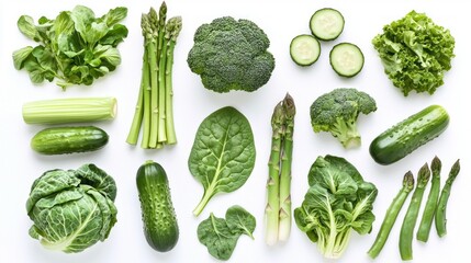A colorful collection of leafy greens and vegetables sprawls on a white surface, highlighting the freshness of spinach, broccoli, brussel sprouts, and crisp cucumbers. Nature’s bounty shines