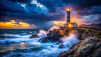Fototapeta premium Majestic Lighthouse in Northern Sardinia, Maddalena Archipelago, Night Photography