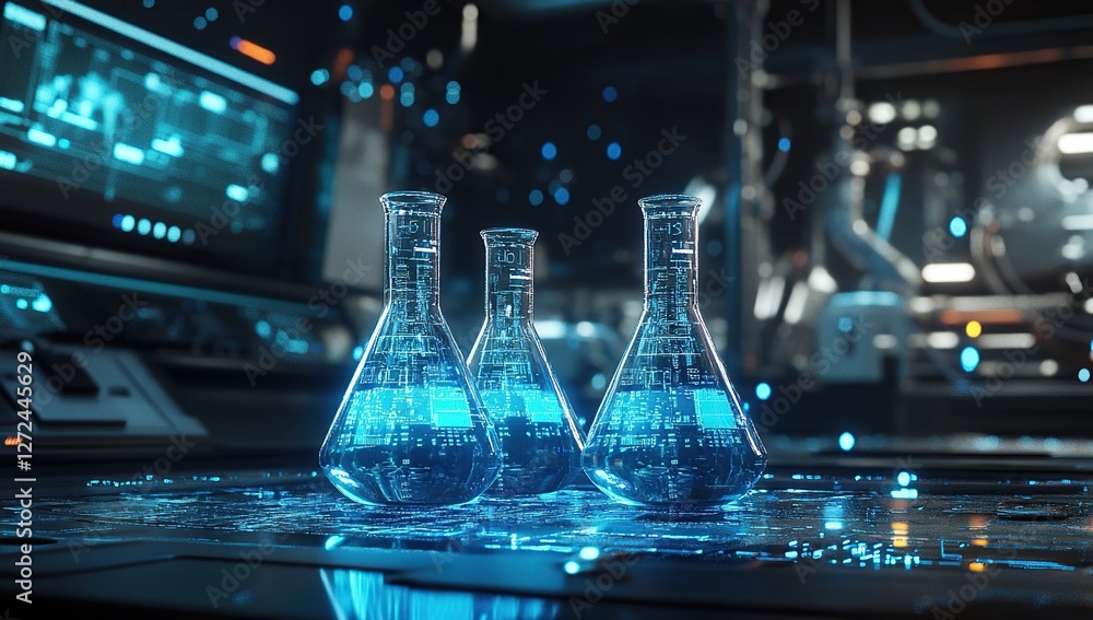 Aufkleber exploring futuristic lab: advanced scientific research with glass flasks and digital interfaces in a