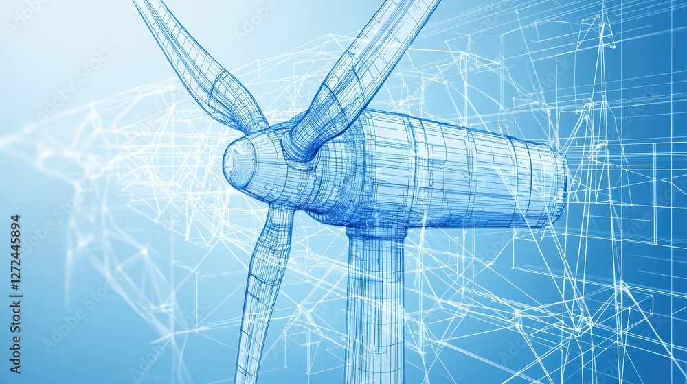 Poster clean and minimal engineering blueprint of a wind turbine design