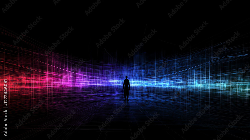 Poster silhouette stroll amidst luminous digital dimensions exploring virtual existence and reality.