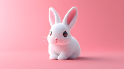 Cute White Bunny with Long Ears and Big Black Eyes on Pink Gradient Background