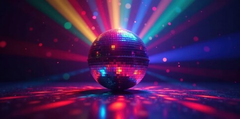 Rotating disco ball casting multicolored beams, spinning, colorful, beams
