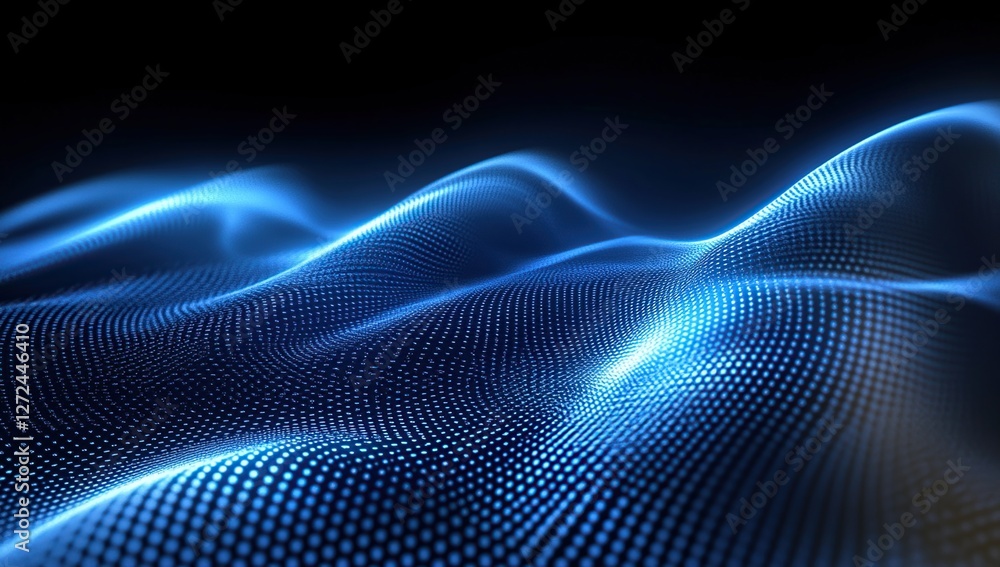 Poster abstract blue digital waveforms flowing dynamically across screen, futuristic technology background 