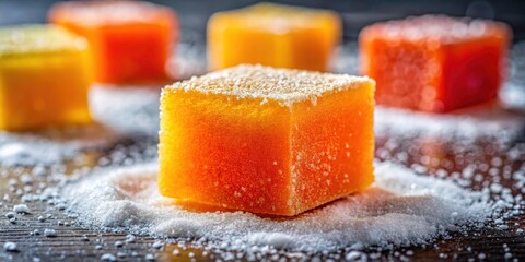 Close-up macro shot: sugary orange gelatin shimmers, a colorful confection's delightful texture.