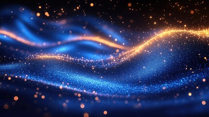 Fototapeta premium Abstract Blue Gold Particle Wave, Dark Background, Design Element