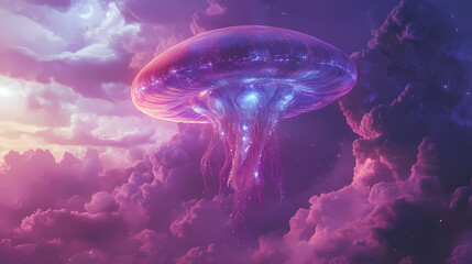 Obraz premium Large iridescent jellyfish-like alien spaceship floats through a surreal dreamscape sky. Iridescent Jellyfish Skies. Illustration