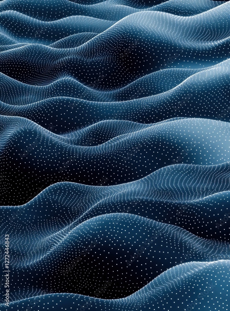 Poster abstract wavy landscape: points, lines, and curves in a digital terrain, showing depth and dimension