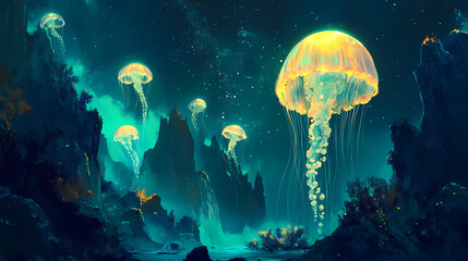 Magical jellyfish undersea dreamscape. Iridescent Jellyfish Skies. Illustration