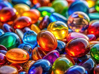 Close-up silhouette of colorful glass pebbles, their textures and forms sharply defined against light.