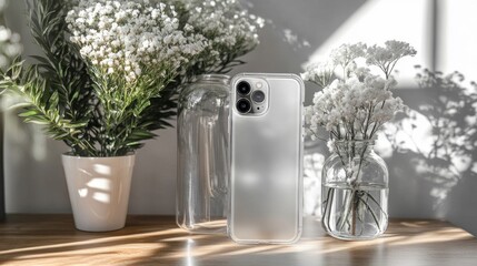 Fototapeta premium White Flowers in Clear Vases and Smartphone with a Transparent Case on Table