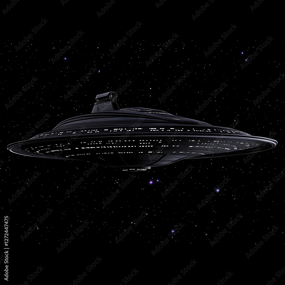 Poster sleek saucer shaped spaceship soaring through the starry expanse of outer space realm exploration.
