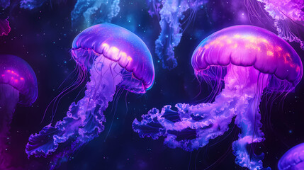 Obraz premium Png aesthetic neon solar system astronomy universe purple. Iridescent Jellyfish Skies. Illustration
