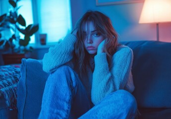 Obraz premium Pensive Woman Sitting on Couch in Soft Blue Lighting at Home