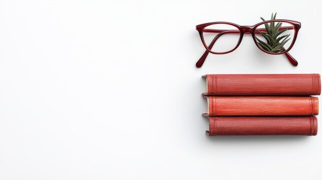 A cozy reading setup featuring red books, glasses, and a plant on a white background
