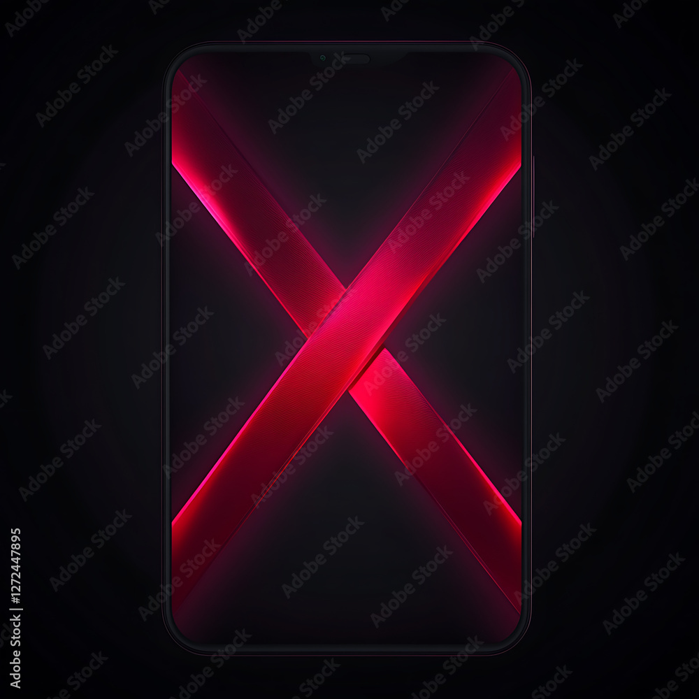 Poster smartphone with red x shaped graphic interface display technology innovation device screen visuals.