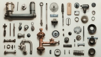 Flat lay of various metal parts and mechanical components on white background.