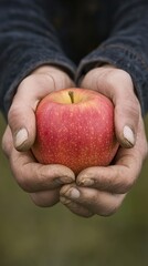 A farmer holds a freshly picked red apple with dirty hands in a lush orchard