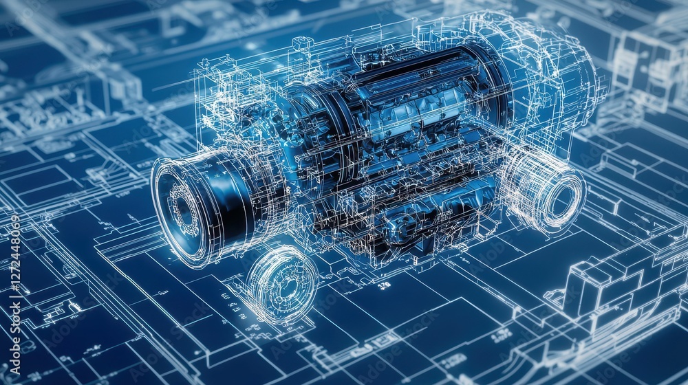 Poster detailed blueprint of advanced engineering motor prototype design