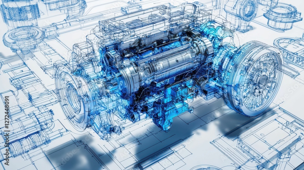 Poster advanced engineering blueprint of complex engine components