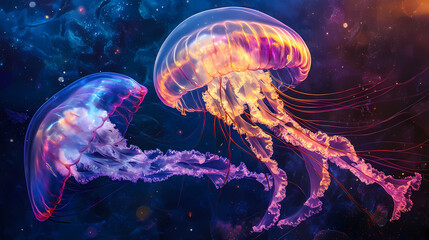 Obraz premium Transparent jellyfish with long tentacles aquatic life ocean animal sea creature under. Iridescent Jellyfish Skies. Illustration